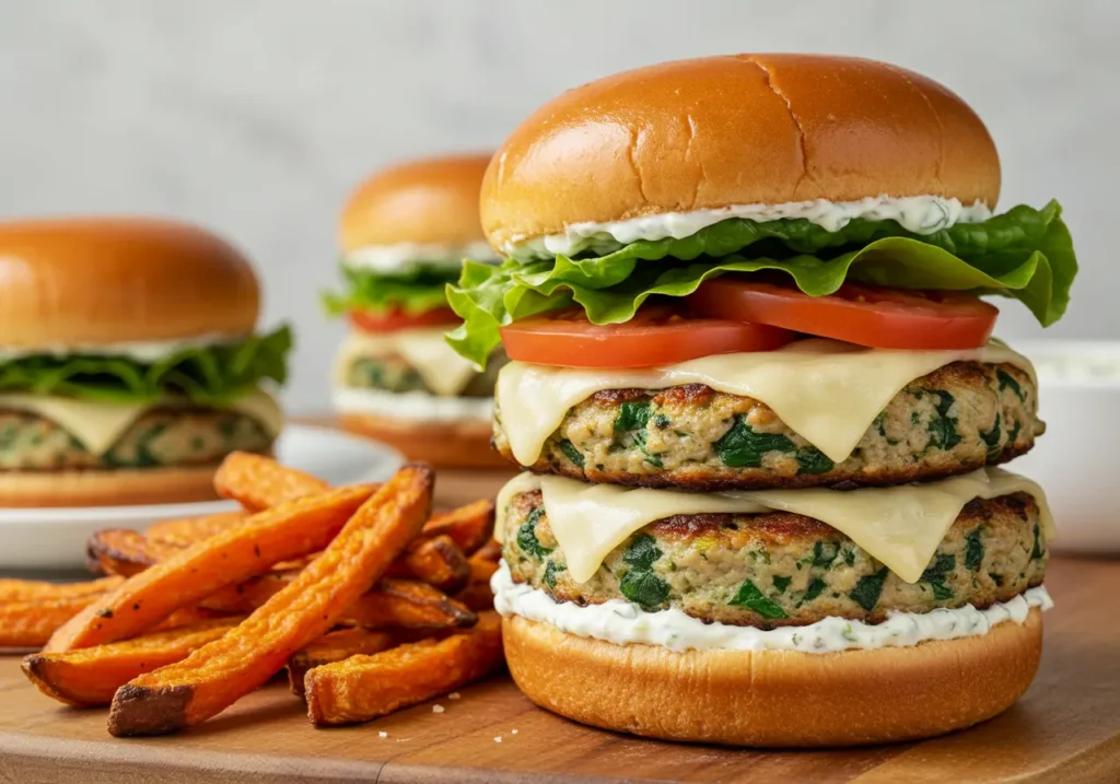 white cheddar and spinach chicken burgers