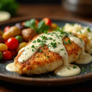 Crispy Parmesan Chicken with a Rich Garlic Sauce