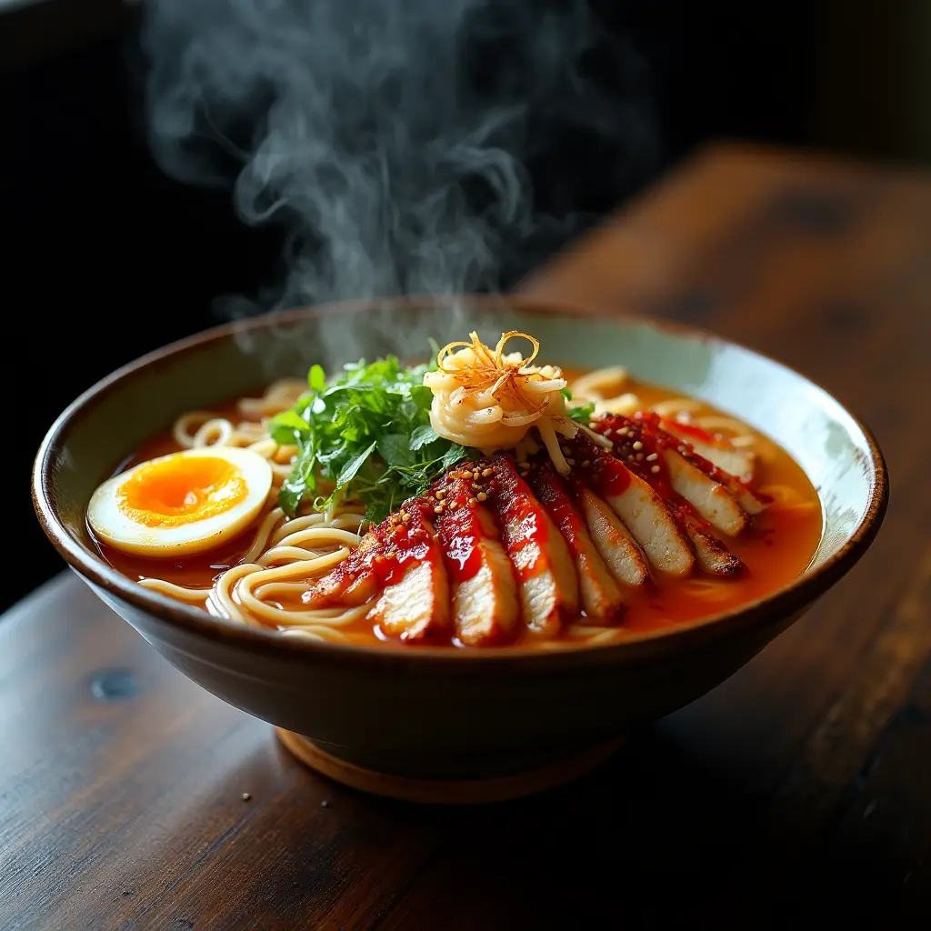 Fiery Chicken Ramen With Creamy Garlic Sauce