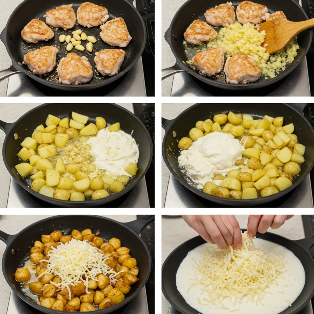 Cheesy Skillet Garlic Parmesan Chicken and Potatoes