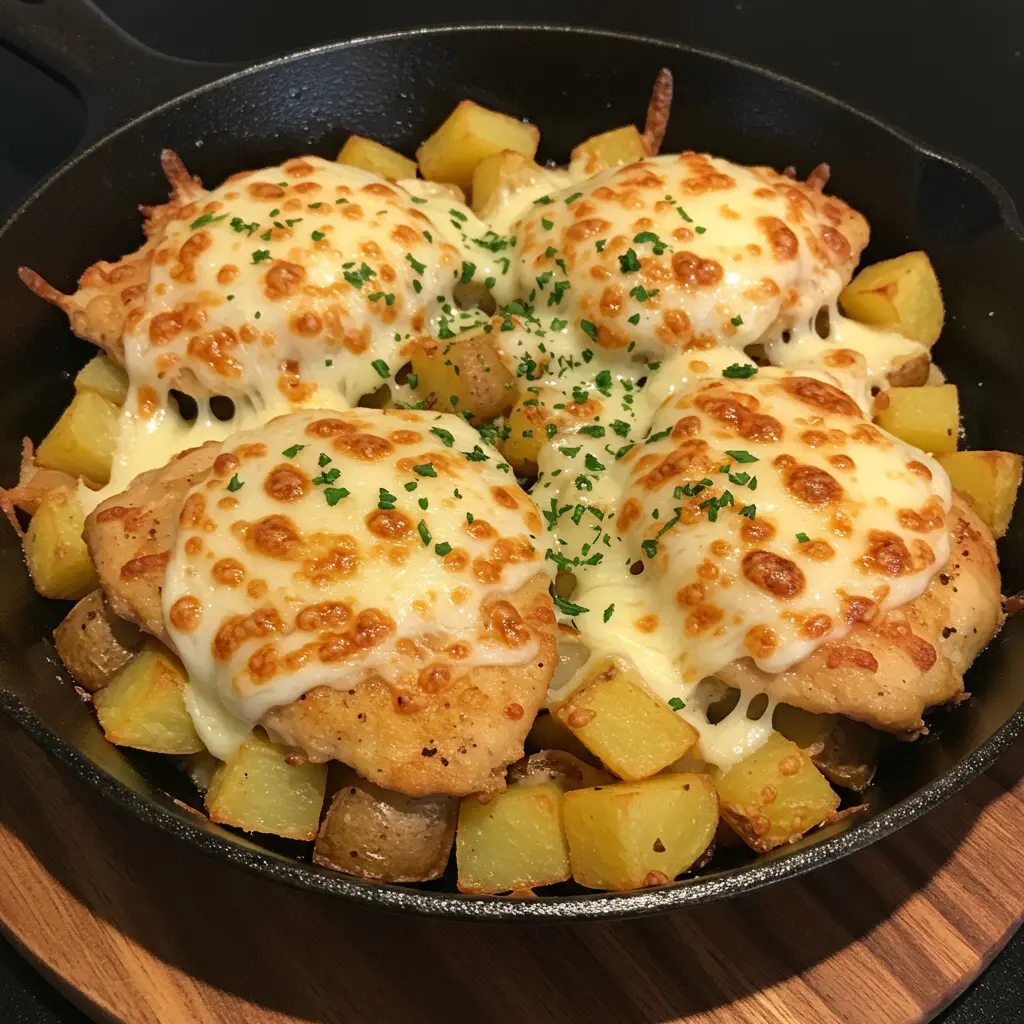 Cheesy Skillet Garlic Parmesan Chicken and Potatoes