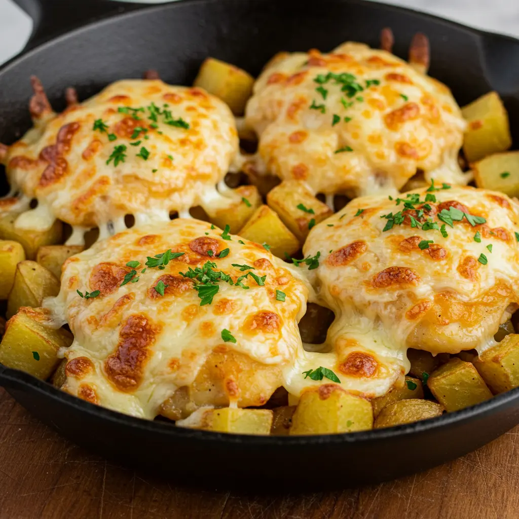 Cheesy Skillet Garlic Parmesan Chicken and Potatoes
